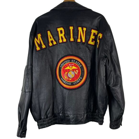 MARINES Patch Back Black Leather Jacket Size XL Made in USA Motorcycle Military